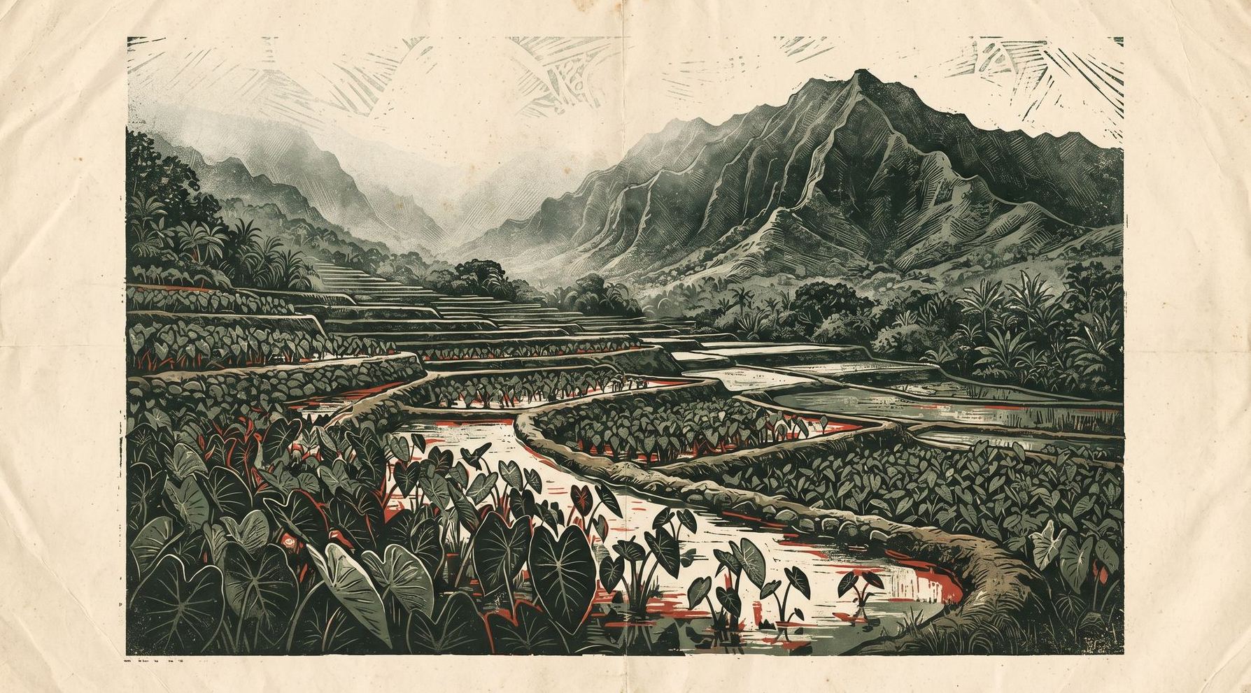 Modern Hawaiian block-print of loʻi kalo — flooded taro terraces catching gold morning light