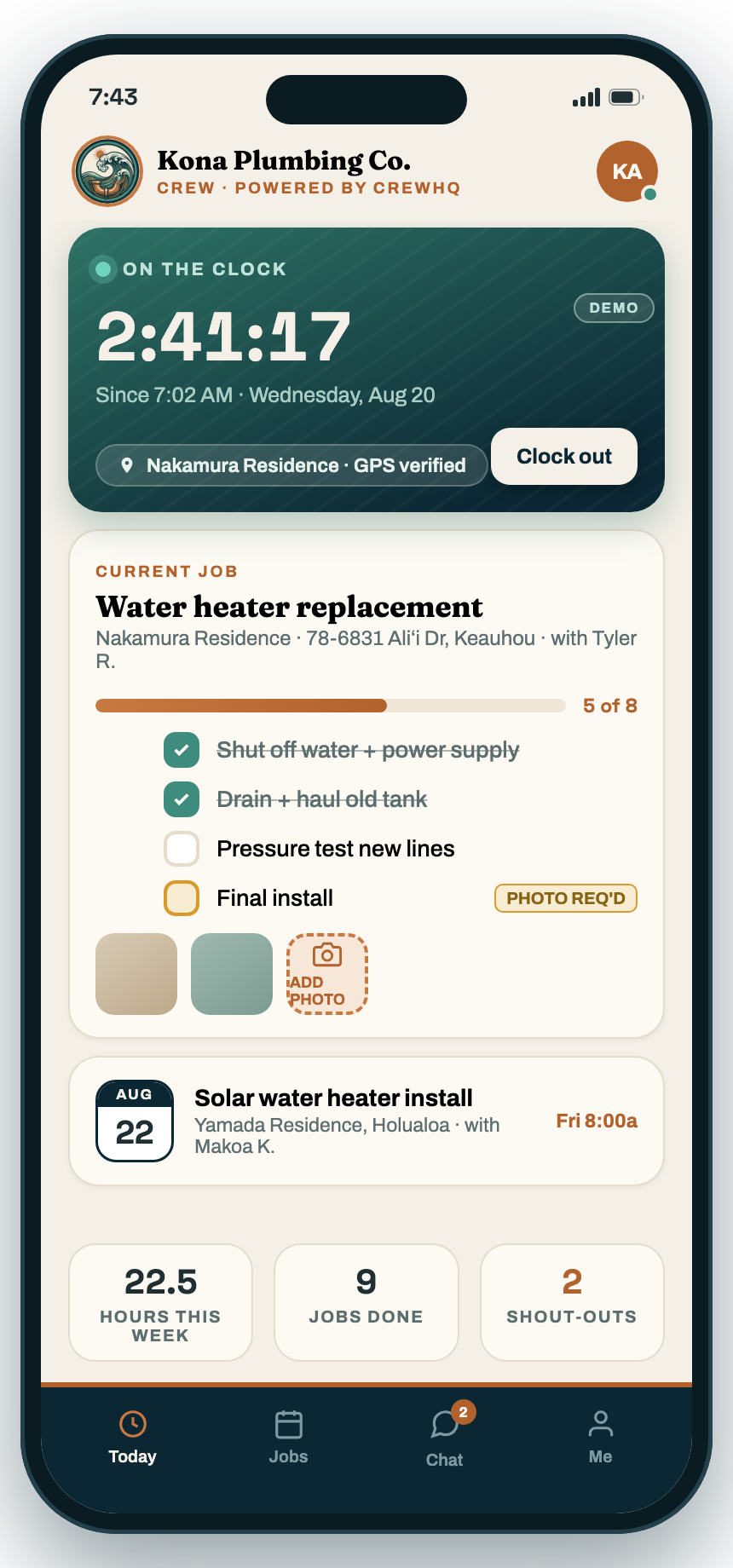 CrewHQ crew app on an iPhone — GPS time clock, job checklist with required photos