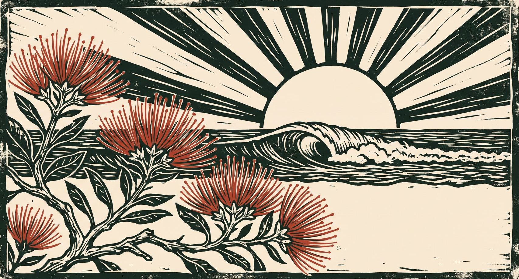 Woodblock print of ʻōhiʻa lehua blossoms before a carved rising sun over an ocean wave