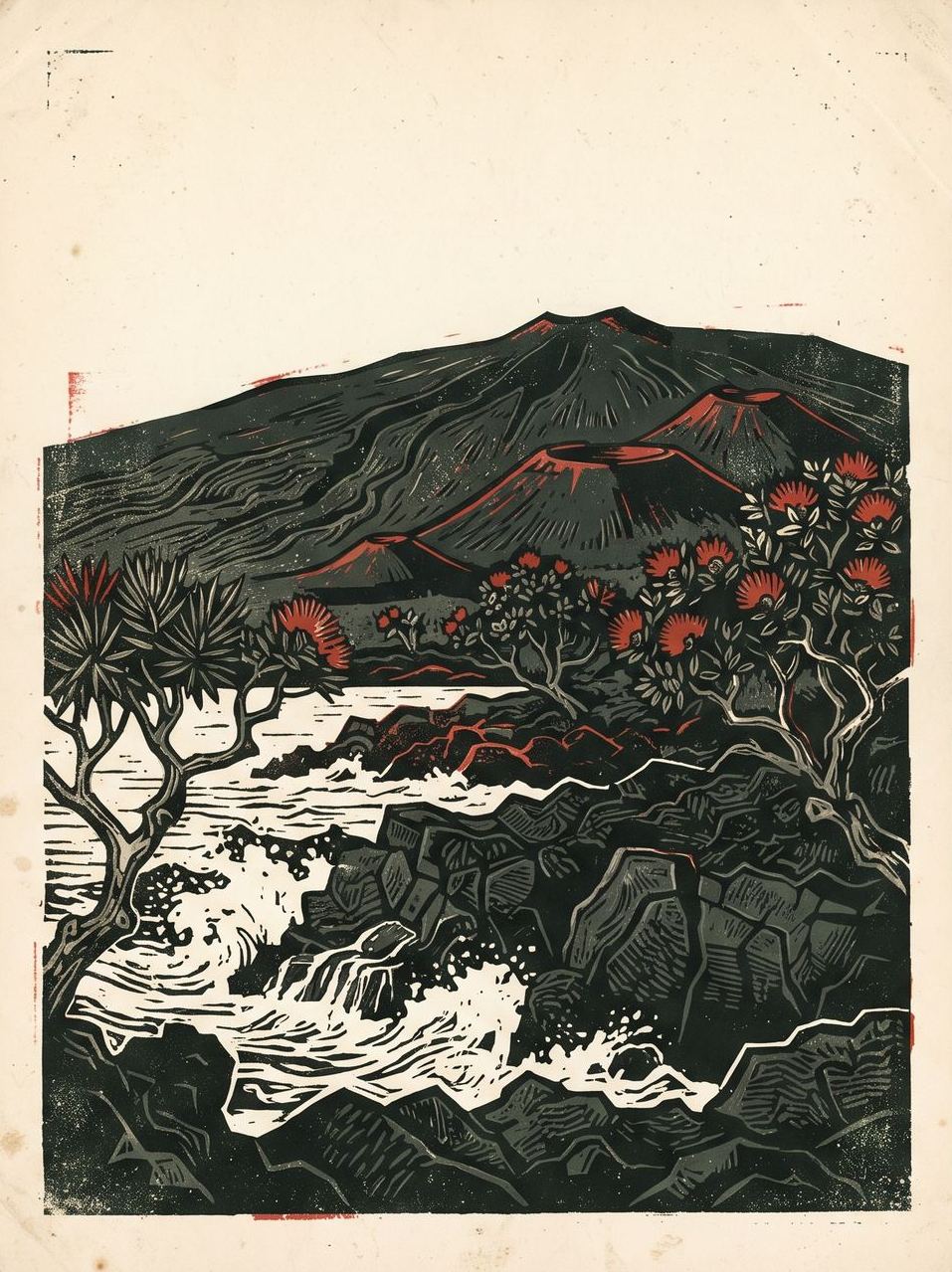 Block-print art of black lava coastline with white surf and a young fern unfurling from the rock