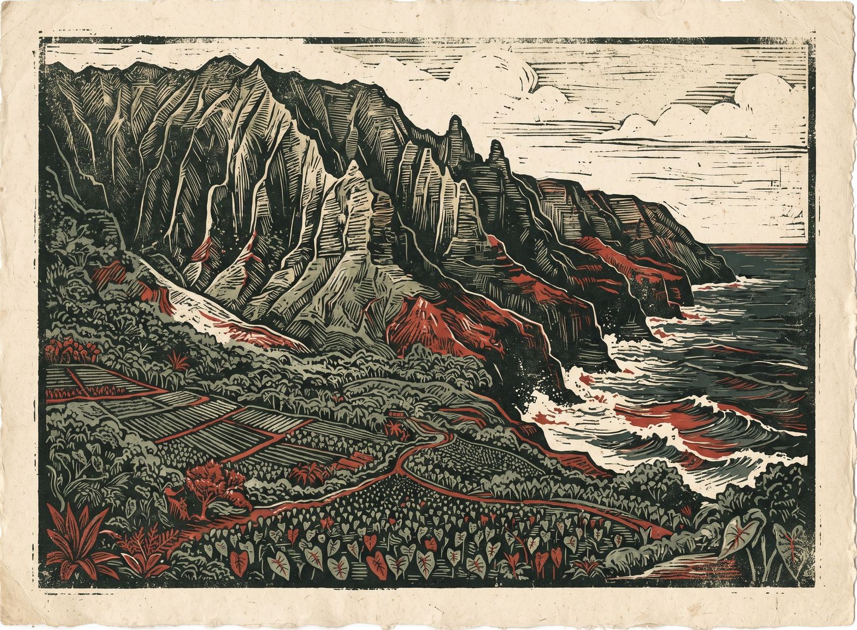 Block-print art of layered emerald ridgelines with mist bands and a white tropicbird gliding through