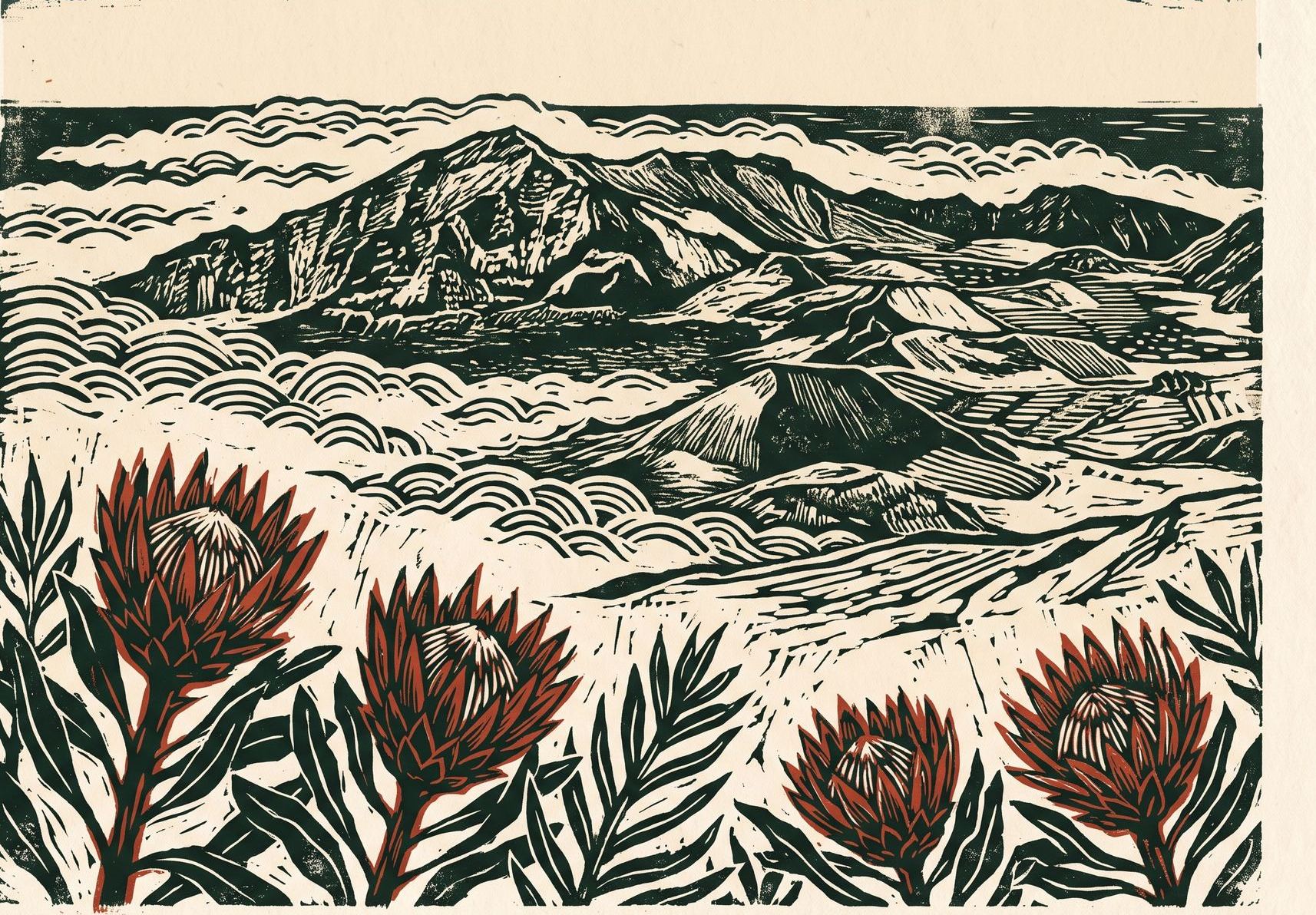 Block-print art of a humpback whale breaching from a deep green sea at first light