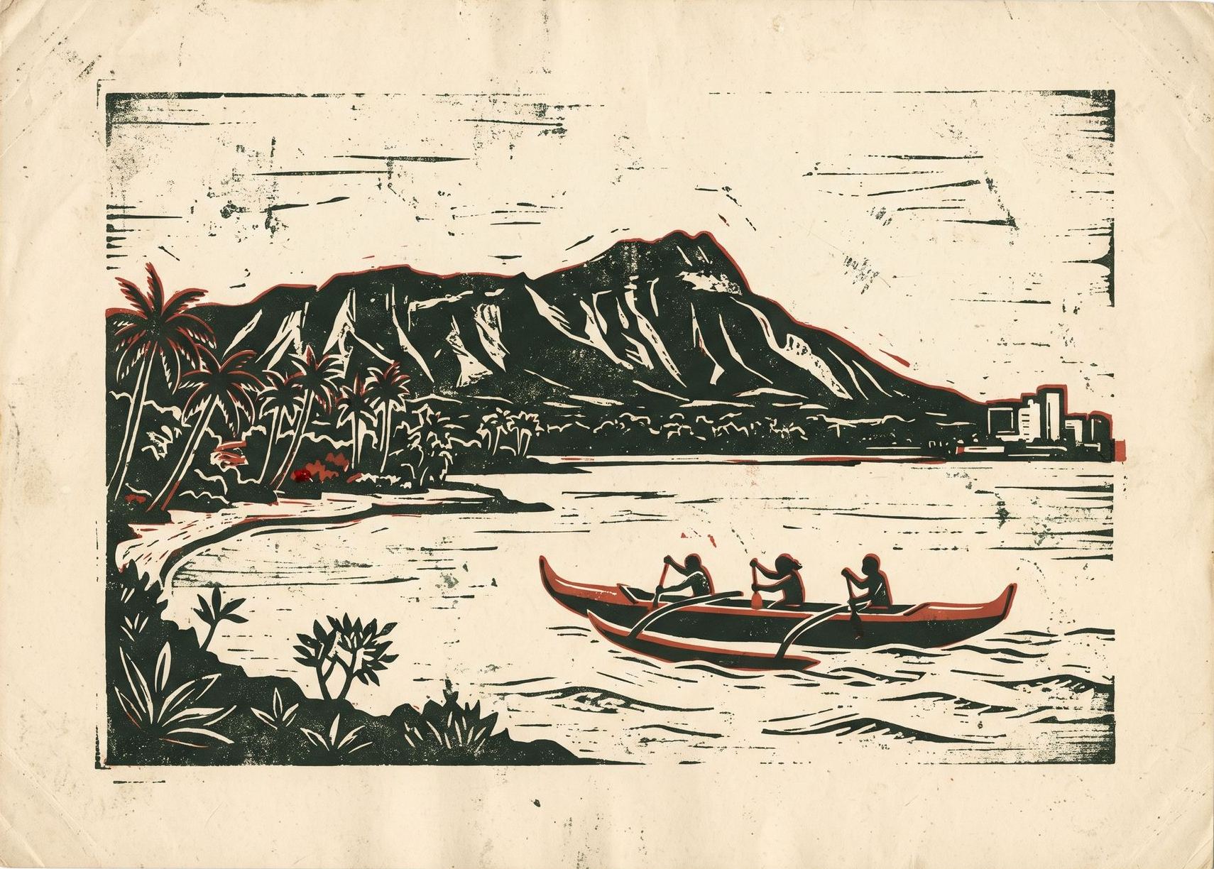 Block-print art of a long rolling wave with Honolulu's skyline as a thin silhouette at dawn