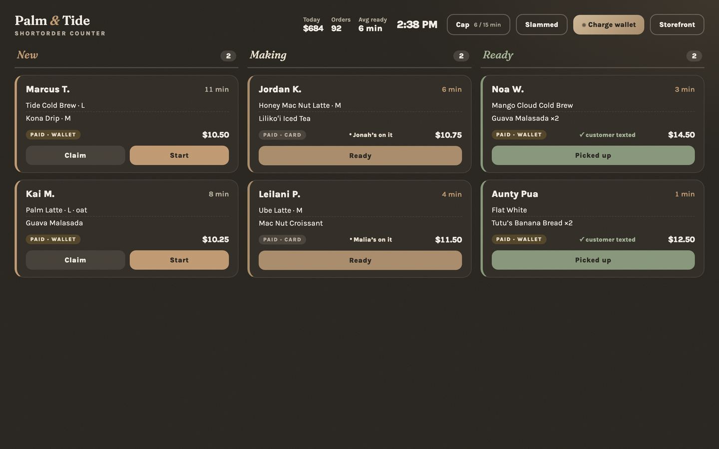 ShortOrder counter board on an iPad — incoming café orders moving from new to making to ready