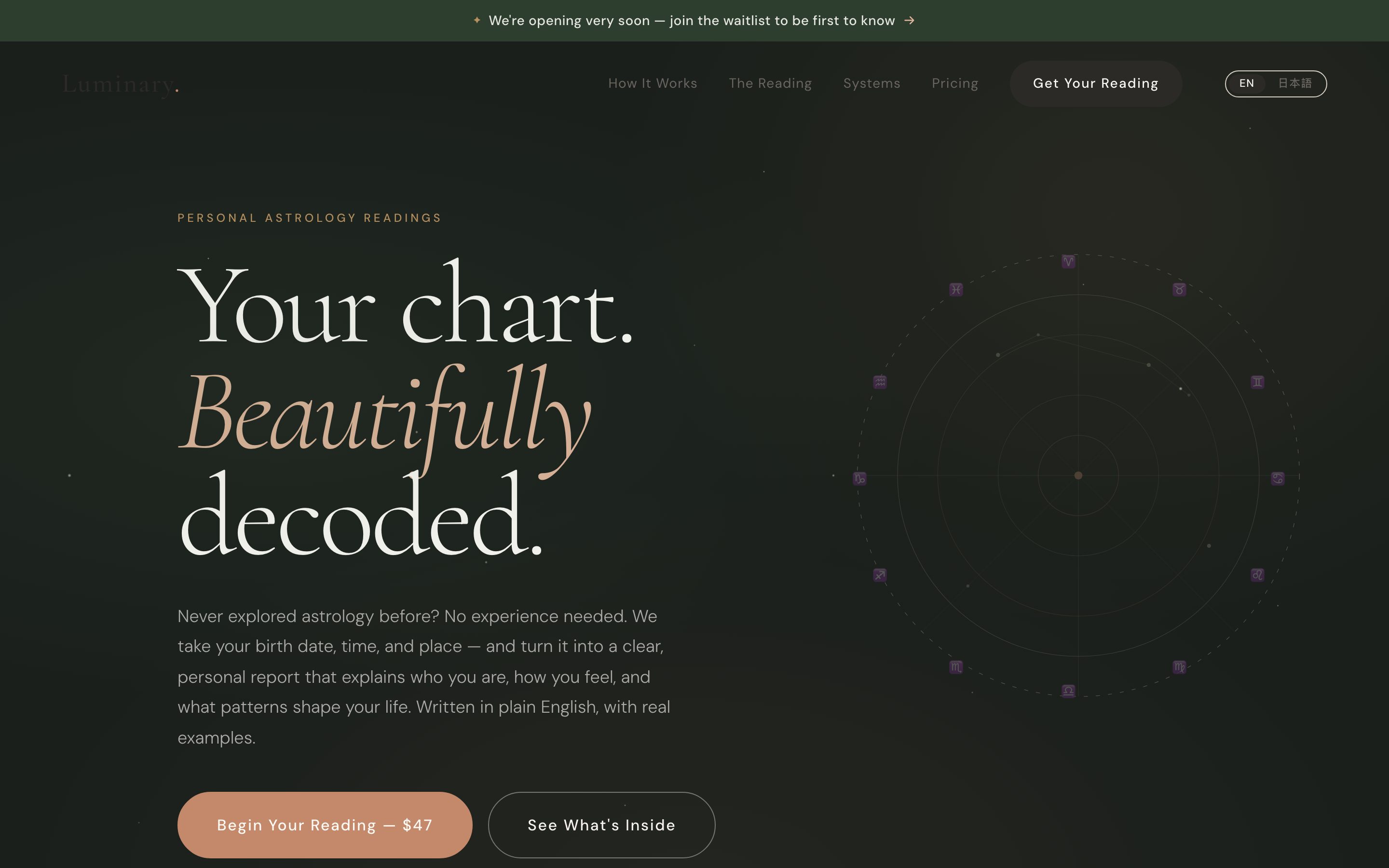 Screenshot of the Luminary Readings website, designed and built by our studio